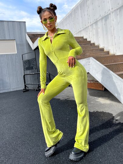 SHEIN Solid Half Button Flare Leg Jumpsuit | SHEIN