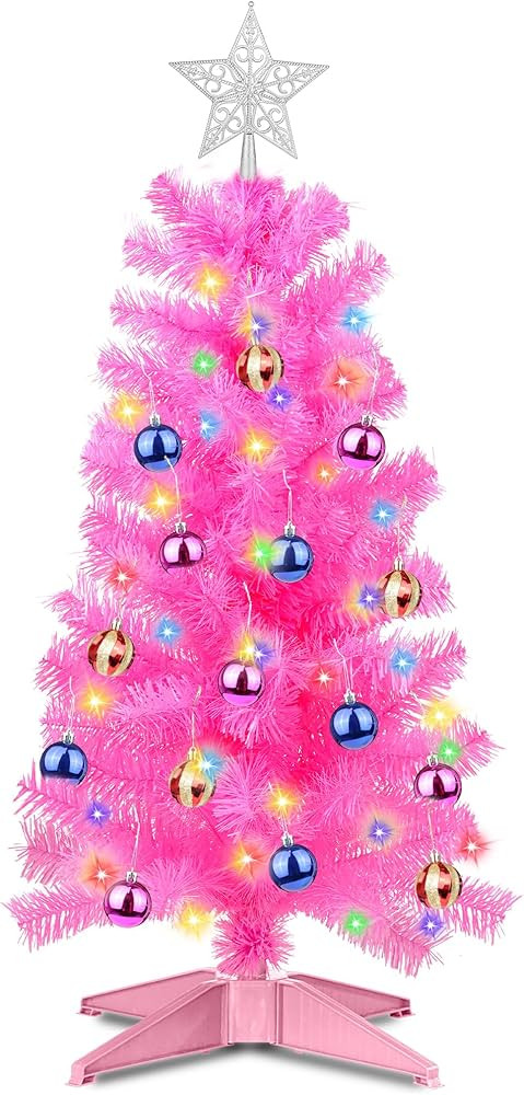 3 Feet Pink Tinsel Christmas Tree 12 Modes Dual Color Change Timer DIY 50 Warm White & Multicolor... | Amazon (US)