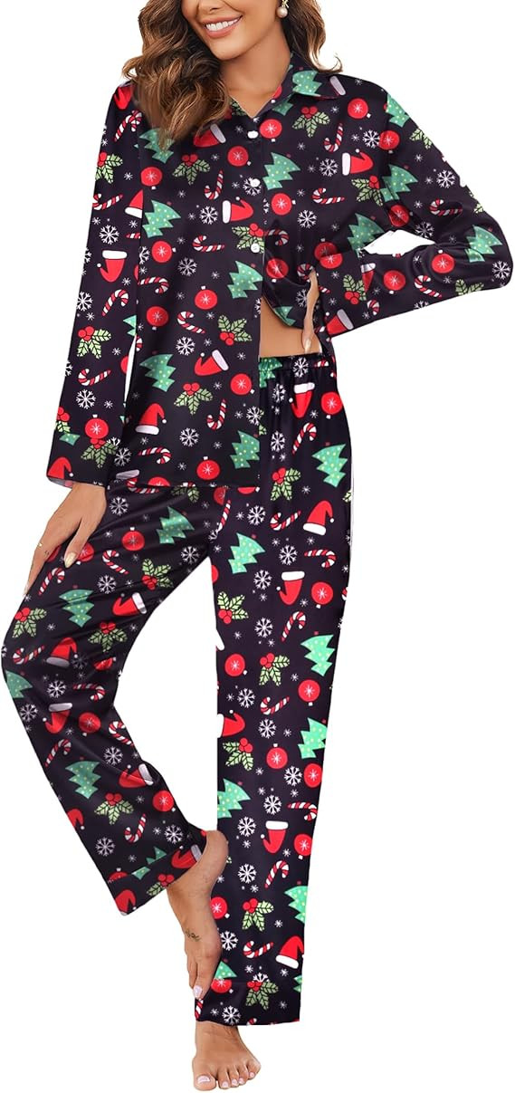 Ekouaer Classic Satin Pajamas for Women Long Sleeve Button Down Sleepwear Soft Silk Loungewear Pj... | Amazon (US)