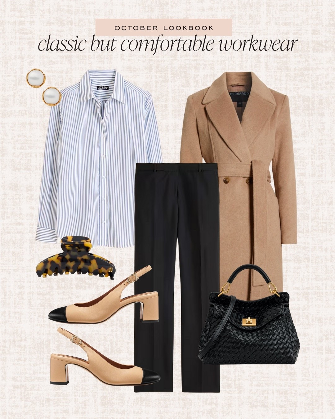 Workwear, work outfit, black pants, camel wrap coat, black statement handbag, blue stripe shirt, two-tone captoe heeled slingbacks

#LTKWorkwear #LTKFindsUnder100 #LTKShoeCrush