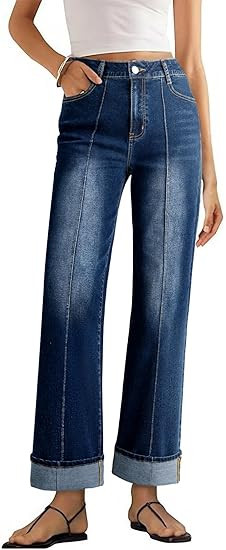 Sidefeel Women's Wide Leg Cuffed Jeans High Waisted Baggy Stretchy Denim Pants with Pockets | Amazon (US)