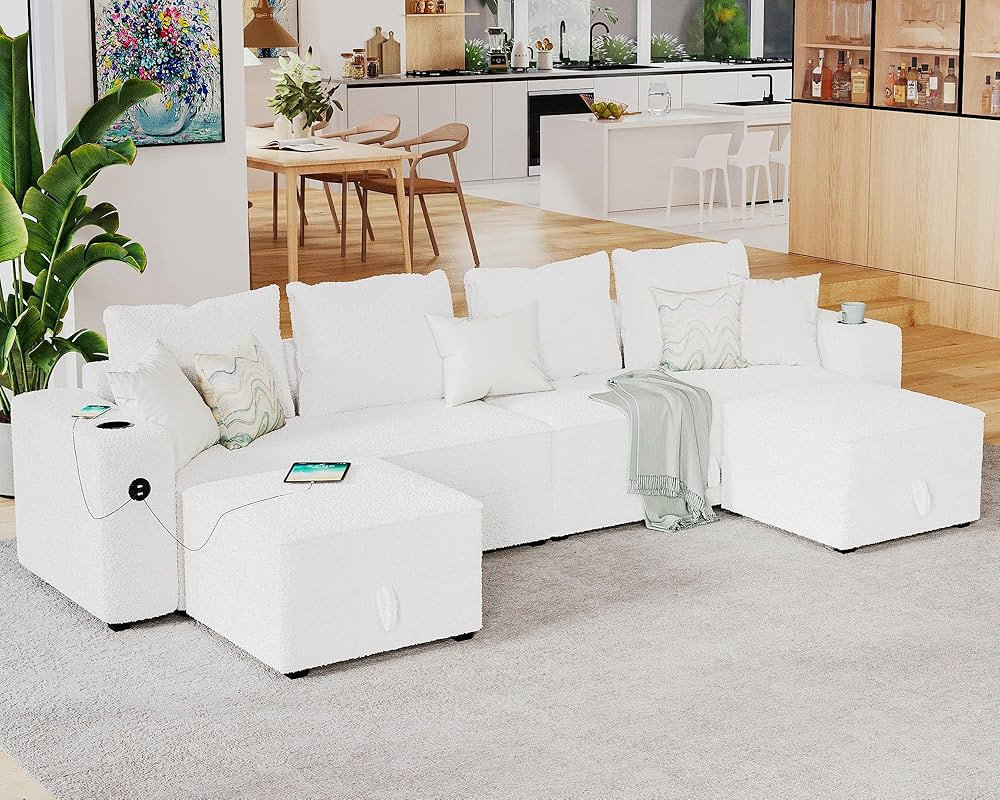 Sectional Sofa, 114 Inch Modular Sectional Sofa with 2 USB Ports & Cup Holders, 6 Seats U Shaped ... | Amazon (US)