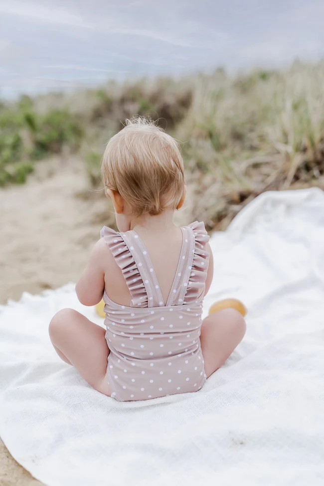 CAITLIN COVINGTON X PINK LILY Girls Cozumel Polka Dot Taupe One Piece Swimsuit | Pink Lily