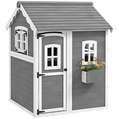 Playhouse for Kids, Outdoor Wooden Playhouse with Floor, Door, Windows & Planter Box for 3-8 Years Old, Backyard, Lawn, Garden, Gray | Wayfair North America