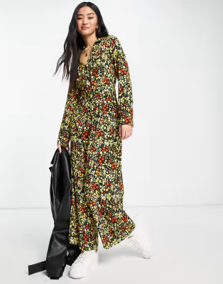 ASOS DESIGN bubble crepe 70s collar belted tea jumpsuit in mustard floral | ASOS (Global)