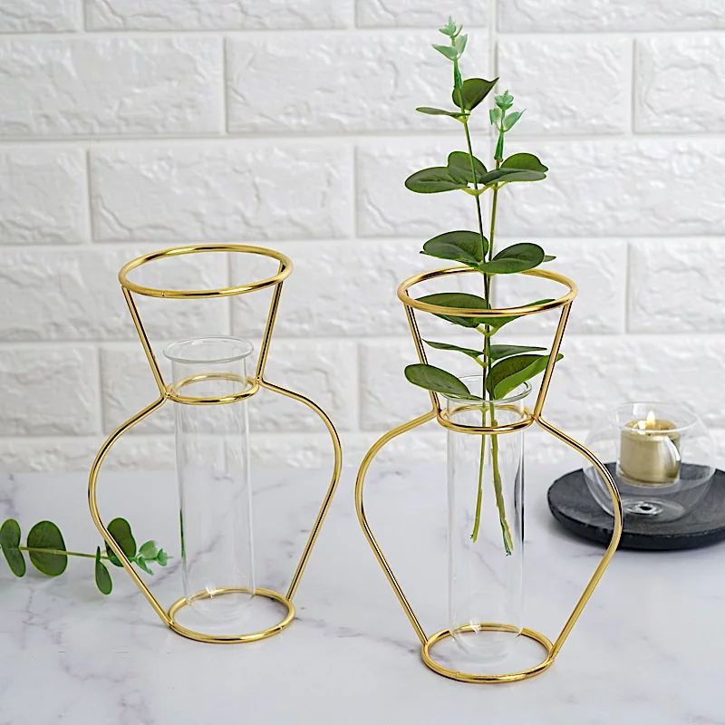 BalsaCircle 2 Gold 8-Inch tall Metal Geometric Flower Vase Holders Clear Glass Tubes Wedding Rece... | Walmart (US)