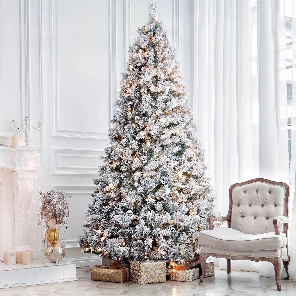 7.5ft Pre-lit Christmas Tree Snow Flocked, Feel Real, 500 Warm Lights, Pinecones Hinged Artificia... | Walmart (US)