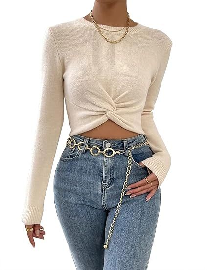 MISSACTIVER Women Sexy Twist Front Knit Crop Sweater Asymmetrical Hem Long Sleeve Slim Fit Croppe... | Amazon (US)