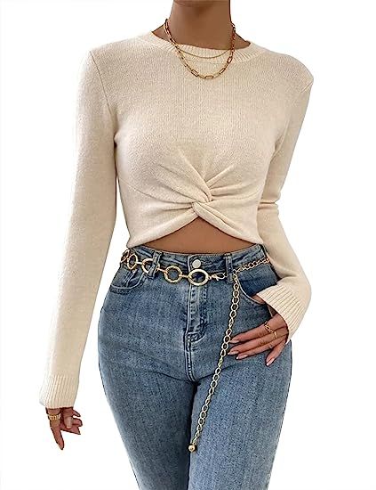 MISSACTIVER Women Sexy Twist Front Knit Crop Sweater Asymmetrical Hem Long Sleeve Slim Fit Croppe... | Amazon (US)