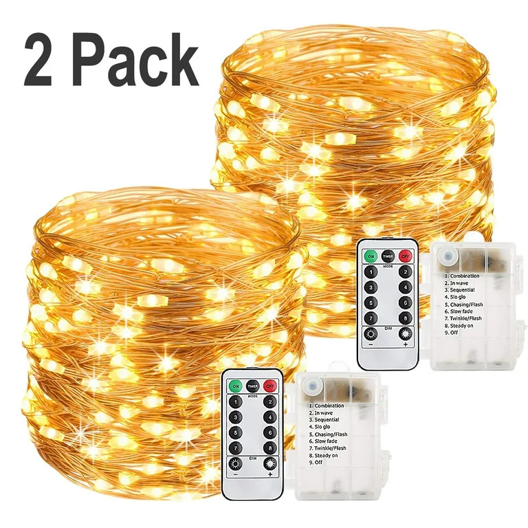 2 Pack 33 Feet 100 Led Fairy Lights Battery Operated with Remote Control Timer Wateproof Copper W... | Walmart (US)