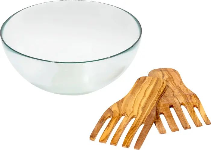FRENCH HOME Recycled Glass, 12" x 6" Urban Salad Bowl & Olive Wood Server Hands - Clear | Nordstr... | Nordstrom Rack