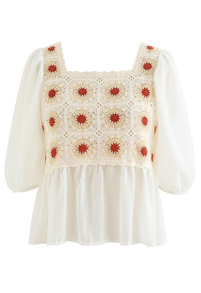Boho Cream Floral Crochet Spliced Top | Chicwish