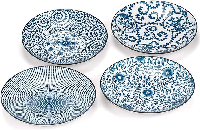 Foraineam Set of 4 Blue and White Porcelain Serving Plates Floral Dinner Shallow Plates Appetizer... | Amazon (US)