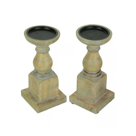 India House Set of 2 Grey Washed Wood Pedestal Candle Holders Rustic Centerpiece Decor - Grey - Size | Walmart (US)
