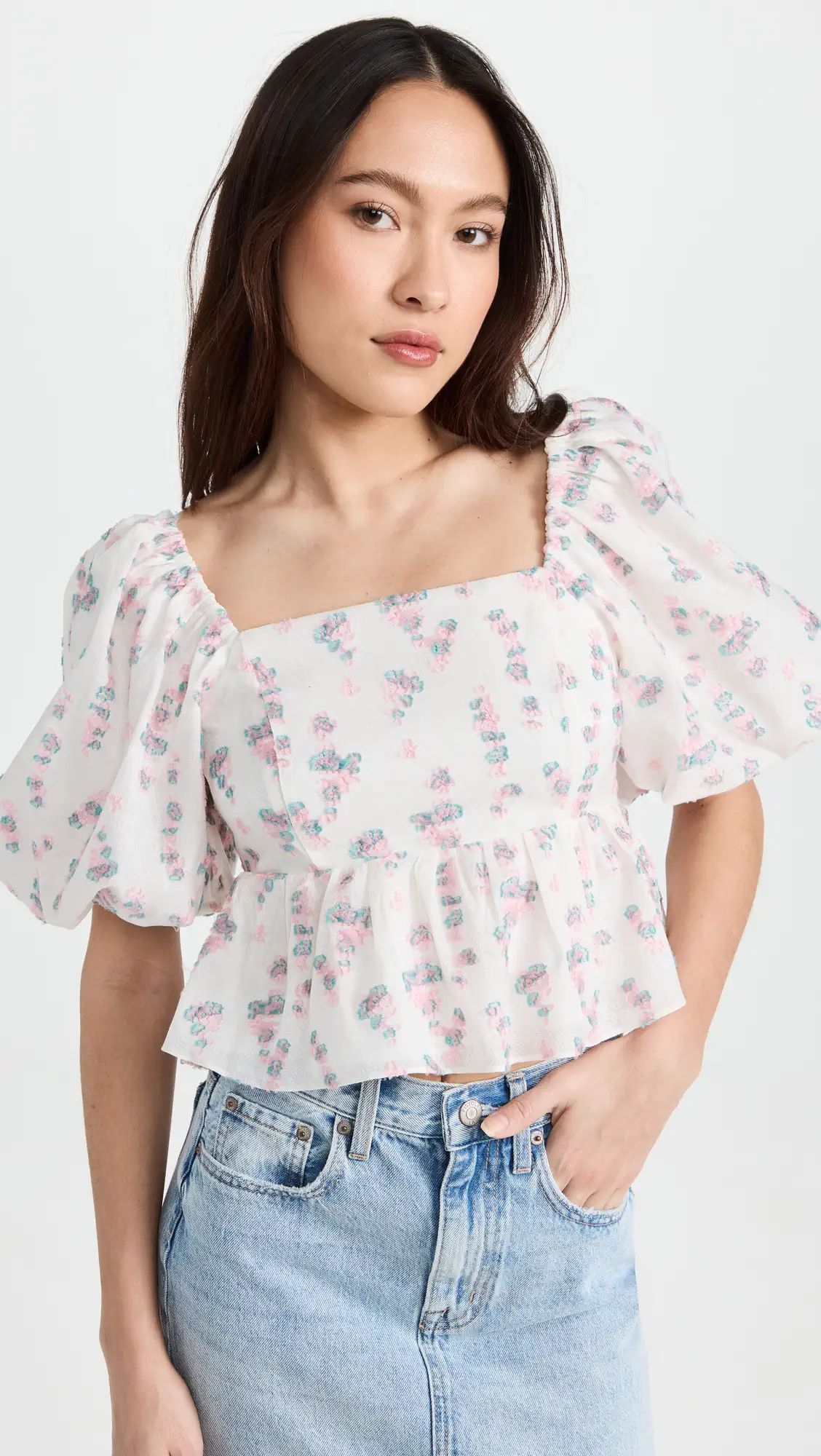 Square Neck Puff Sleeve Jacquard Top | Shopbop