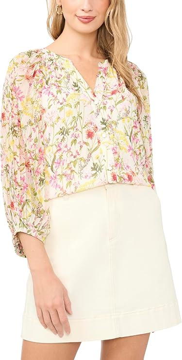 Amazon.com: Floral Button UP Pleated 3/4 Sleeve TOP : Clothing, Shoes & Jewelry | Amazon (US)