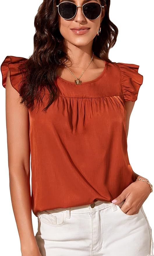 SOLY HUX Women's Ruffle Trim Cap Sleeve Round Neck Casual Blouse Tops | Amazon (US)