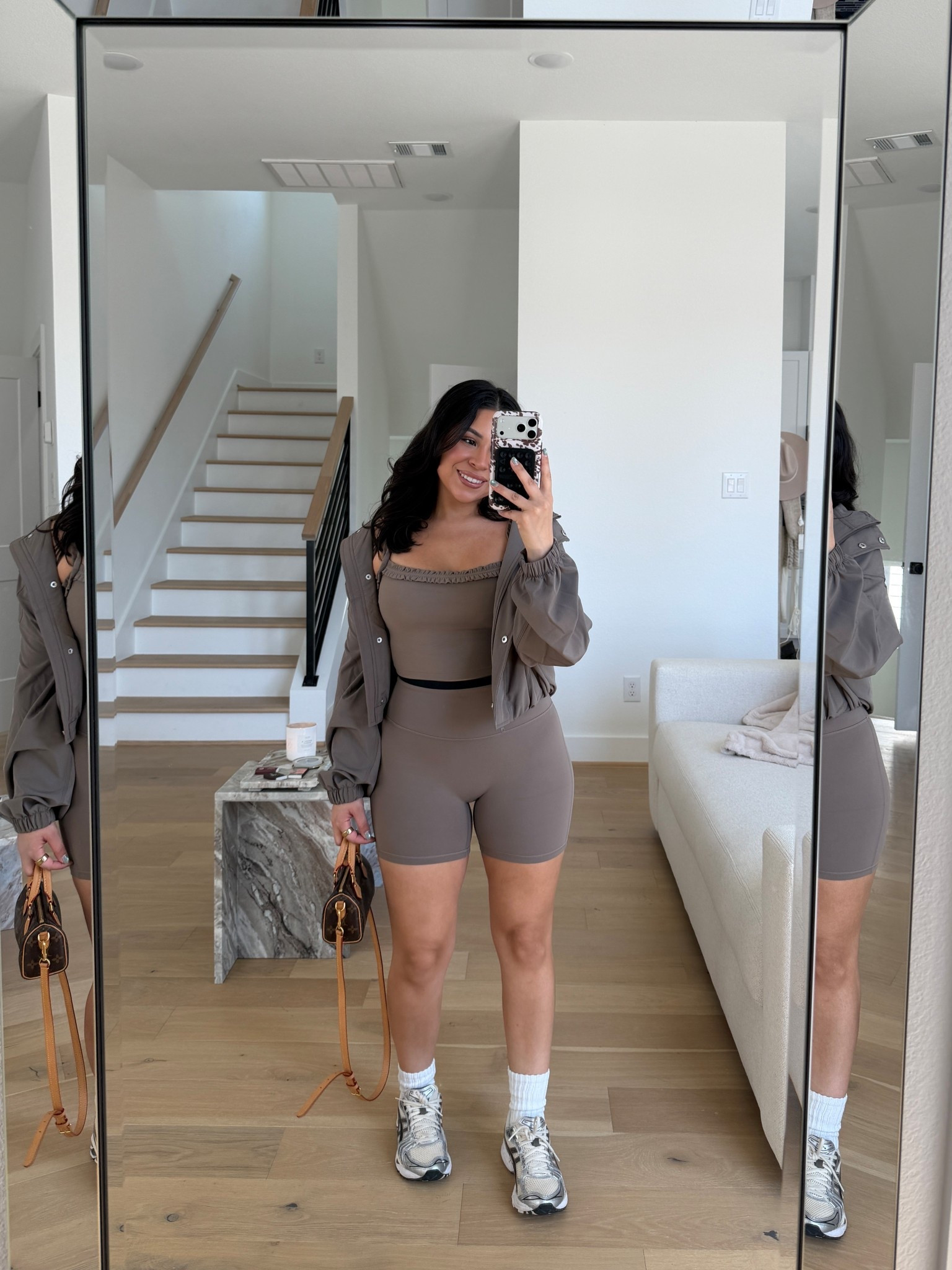 Tank: small
Shorts: small
Jacket: xs 
White ankle socks 
Sneakers: 6.5 women 

#LTKootd #LTKActive #LTKgrwm