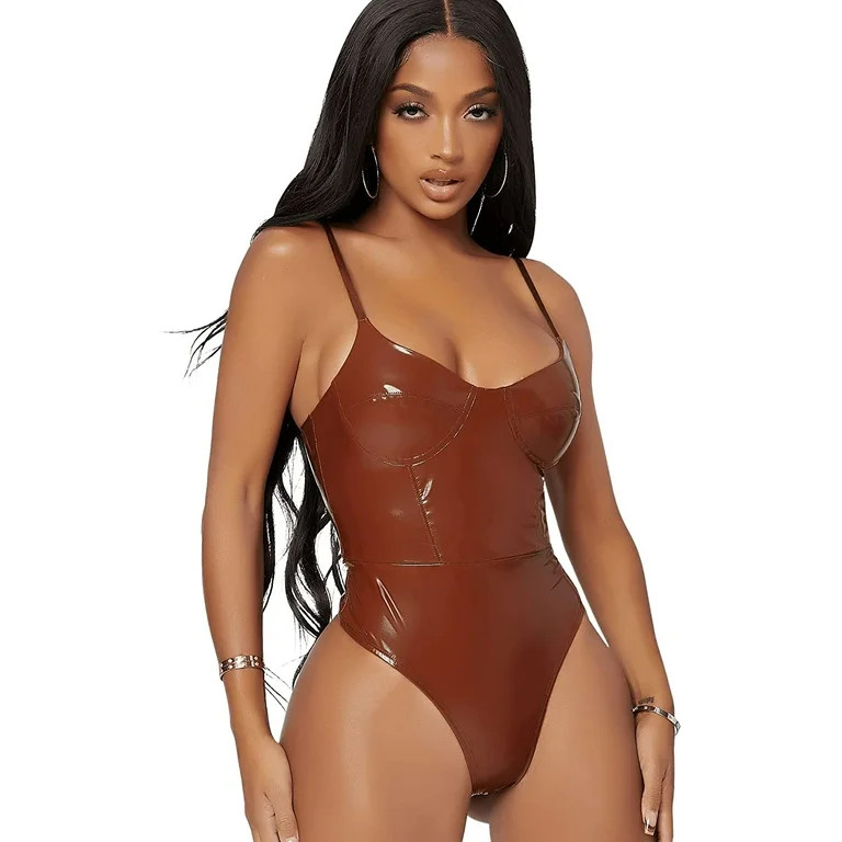 Singreal Women's Faux PU Leather Sleeveless Spaghetti Strap Cami Bodysuit Top - Walmart.com | Walmart (US)