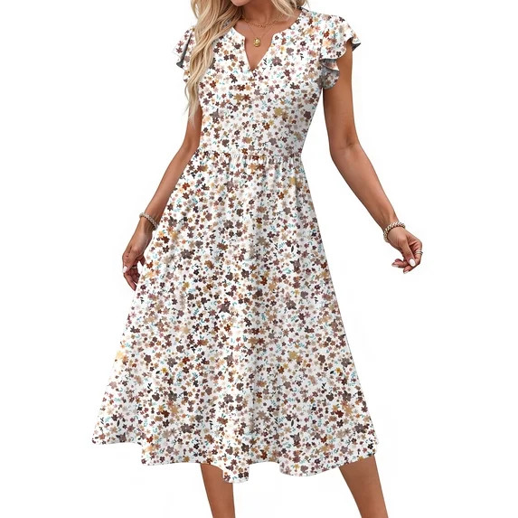 Fantaslook Summer Dresses for Women Ruffle Sleeve V Neck Midi Dresses Fashion Casual Flowy Vacati... | Walmart (US)