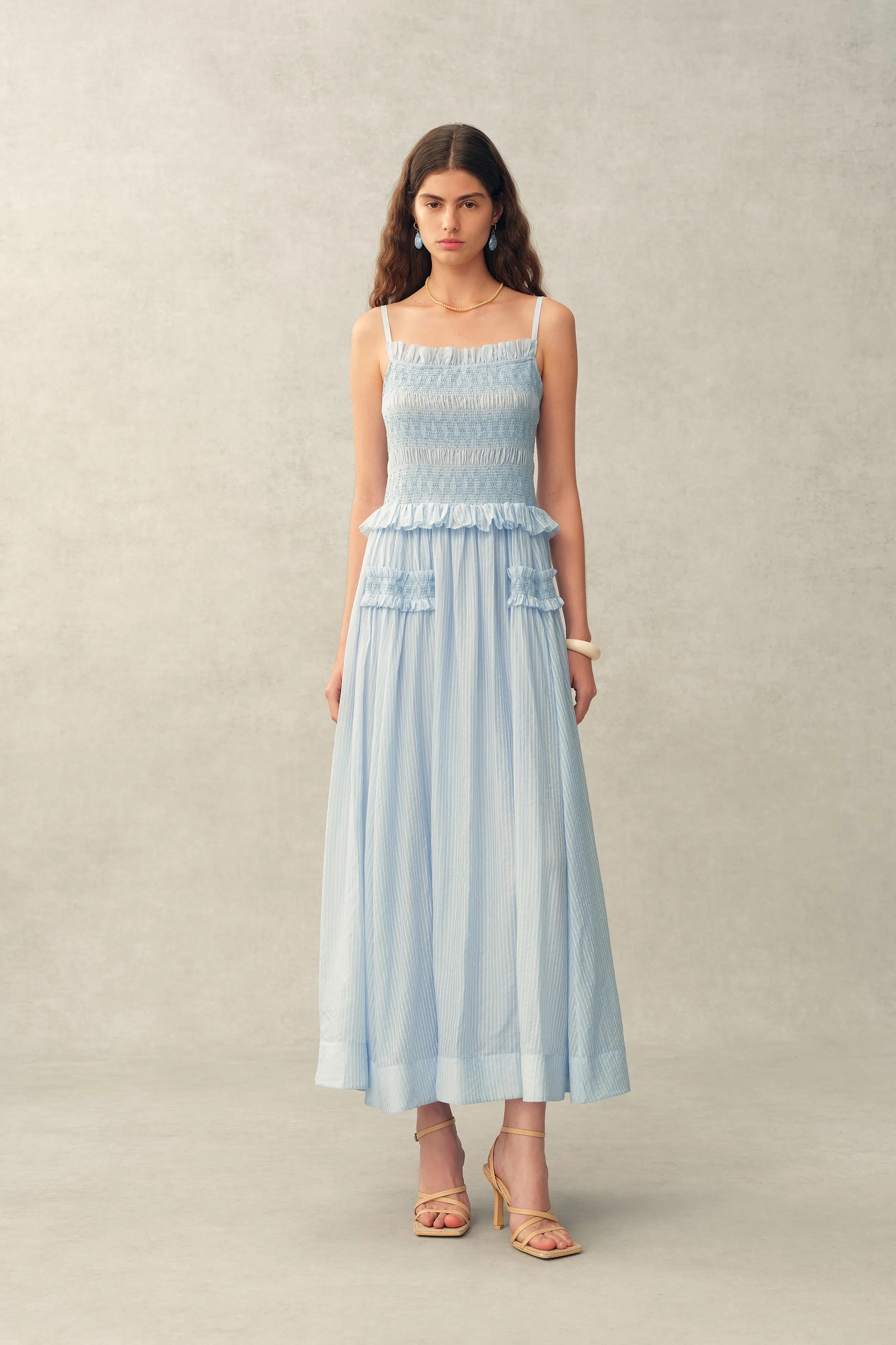 Cirra Smocked Ruffle Trim Striped Sleeveless Cami Dress in Sheer Fabri | Fabrique