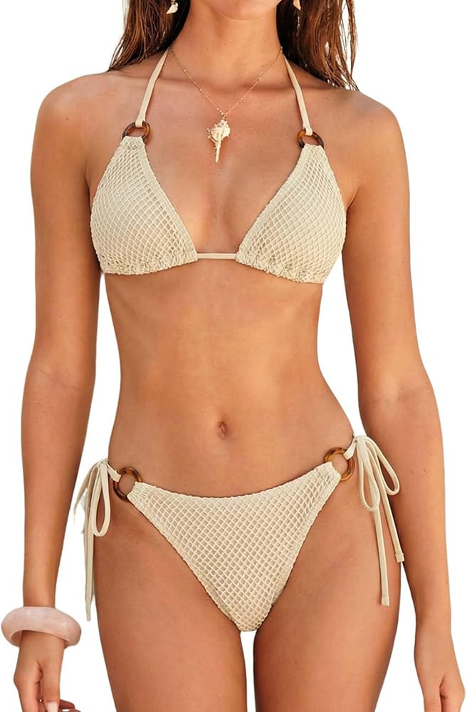 ZAFUL Triangle Bikini Sets for Women Sexy Tie Side Halter String O Ring Textured Two Piece Swimwe... | Amazon (US)
