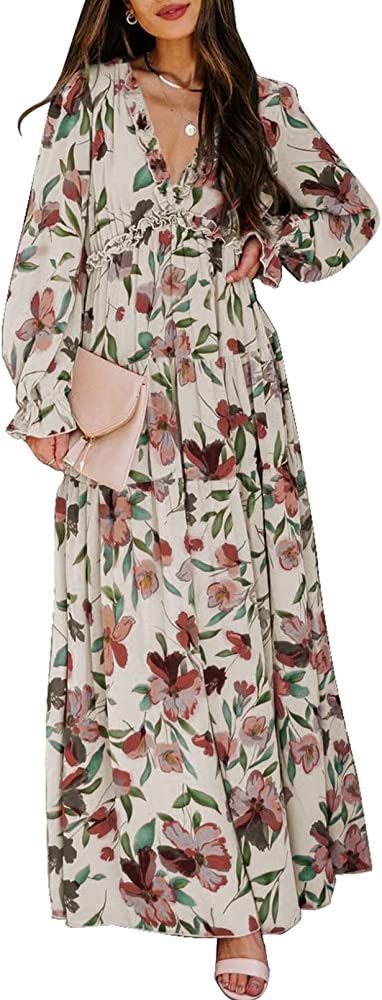 BLENCOT Womens Casual Floral Deep V Neck Long Sleeve Long Evening Dress Cocktail Party Maxi Wedding  | Amazon (US)