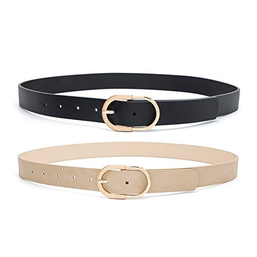 Tanpie 2 Pack Womens Leather Waist Belts for Jeans Pants with Gold Buckle Black&Beige X-Small | Amazon (US)