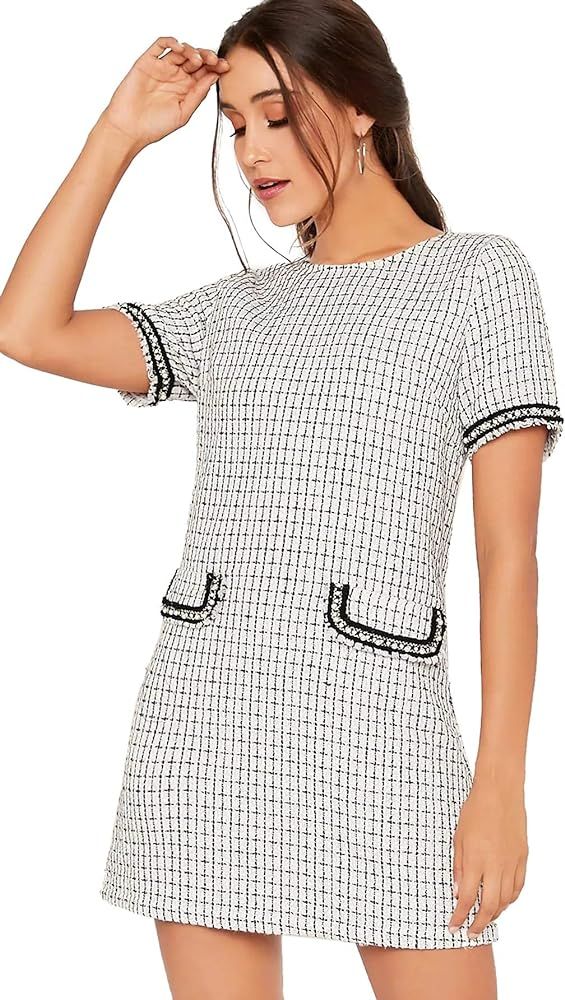 Women's Tweed Short Sleeve Shift Tunic Dress with Pockets | Amazon (US)