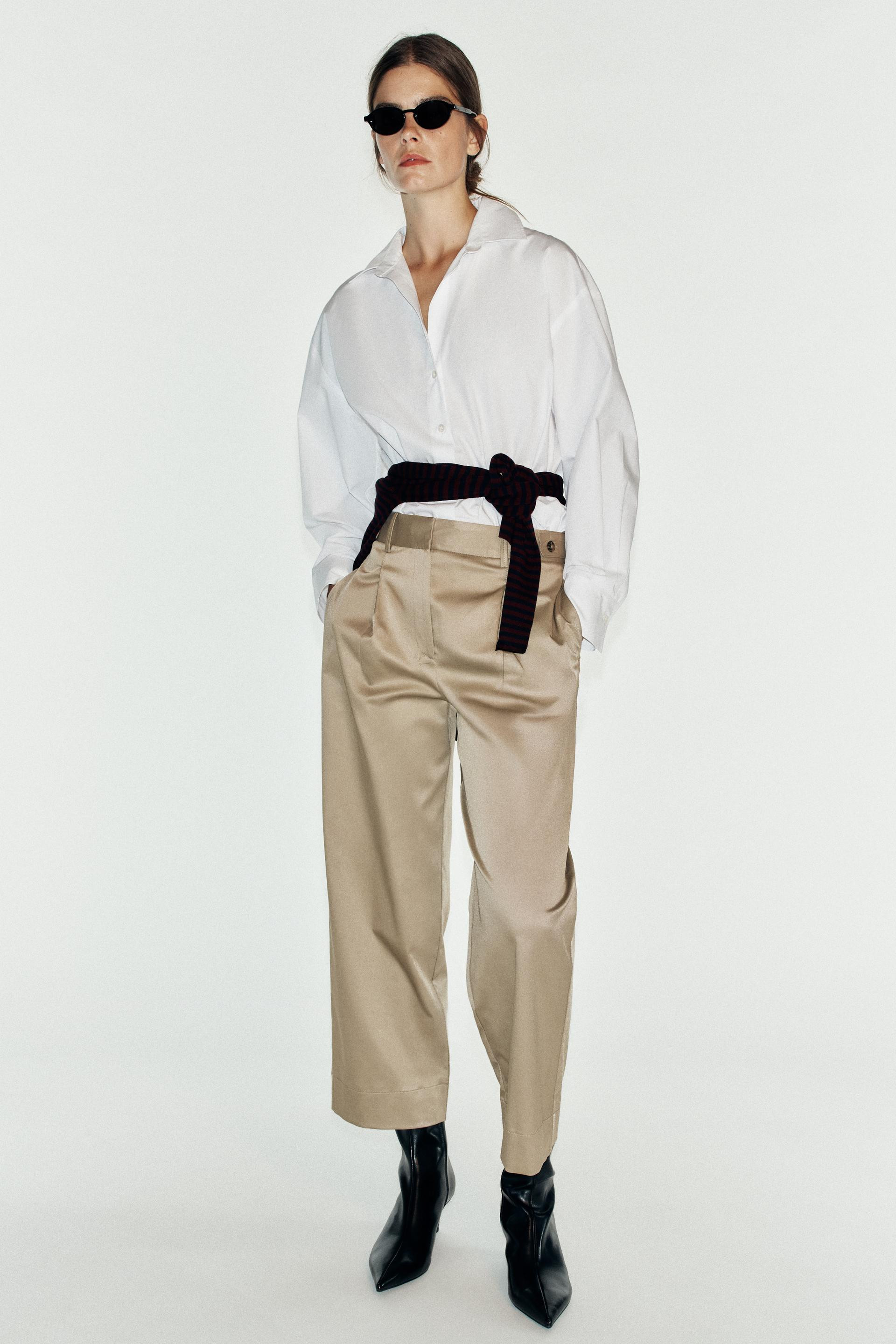 Zara - Trousers With Waist Tabs - Black - L - Woman | Zara UK