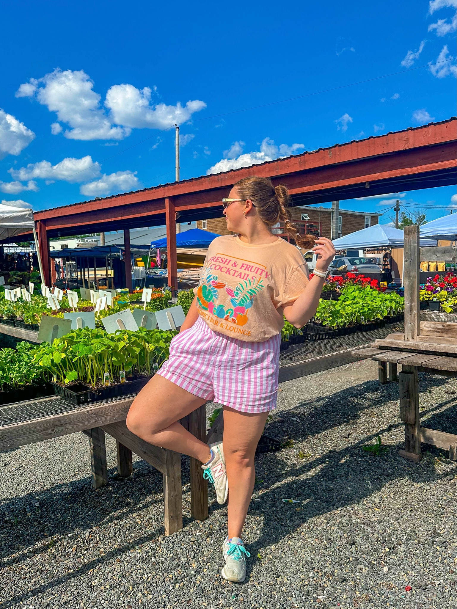colorful summer fashion, graphic tee, striped linen shorts, colorful new balance shoes
