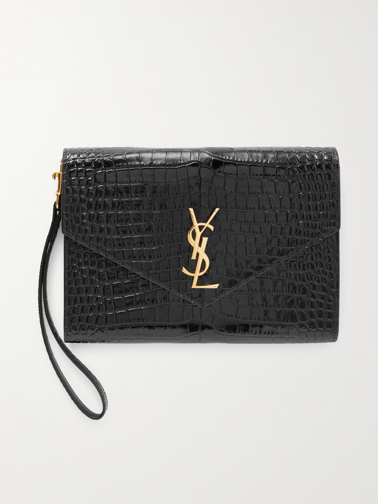 SAINT LAURENT - Glossed Croc-effect Leather Clutch - Black | NET-A-PORTER (US)