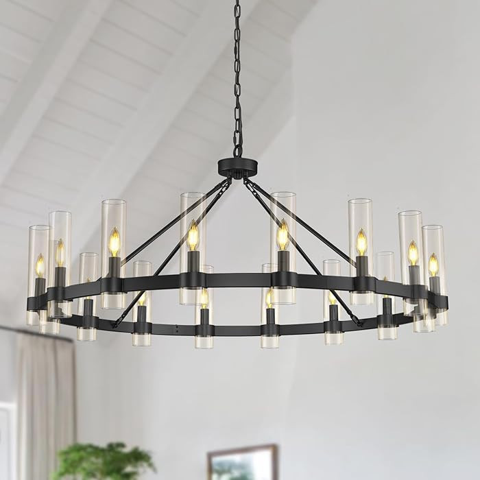 Black Wagon Wheel Chandelier, 48" Modern Chandeliers with Glass Shade, 16-Light Large Chandelier ... | Amazon (US)