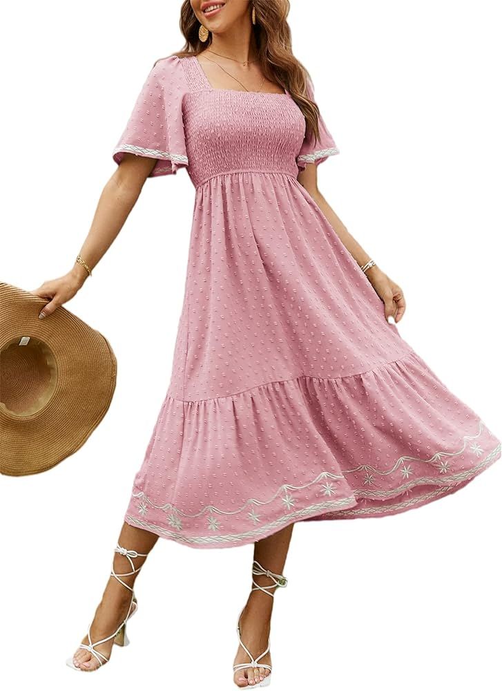 Amazon.com: Glamaker Women's Short Sleeve Smocked Square Neck A Line Summer Flowy Midi Dress : Cl... | Amazon (US)