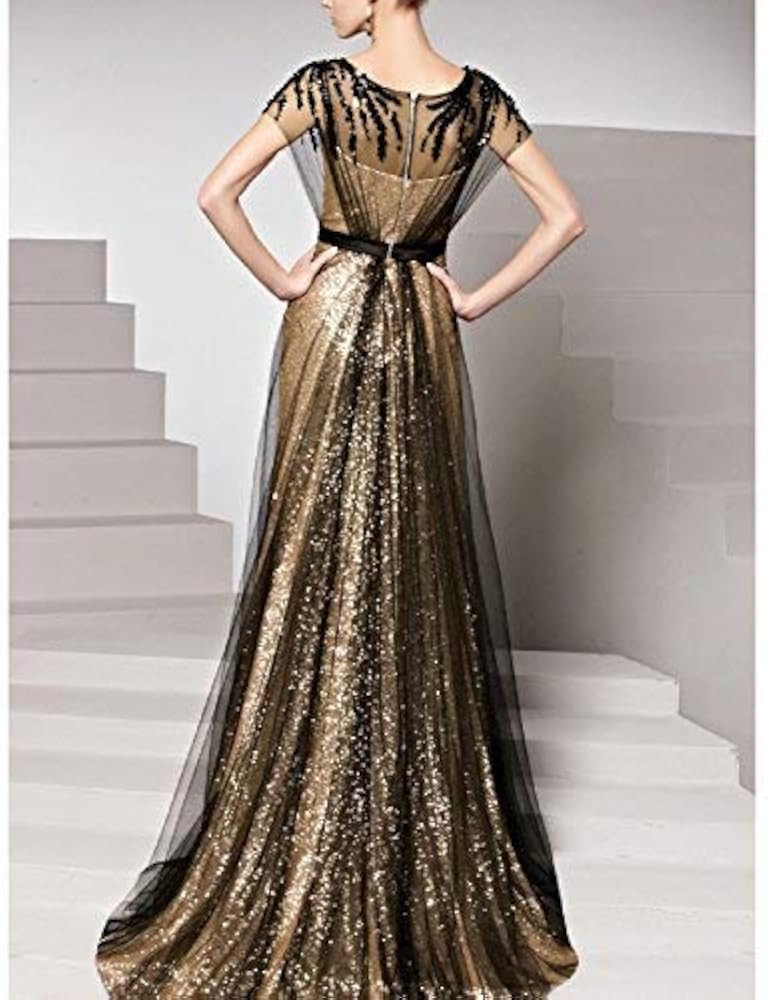 OYISHA Women's Sparkly Long Formal Prom Dresses 2022 with Sleeves Evening Party Ball Gown Gold Bl... | Amazon (US)