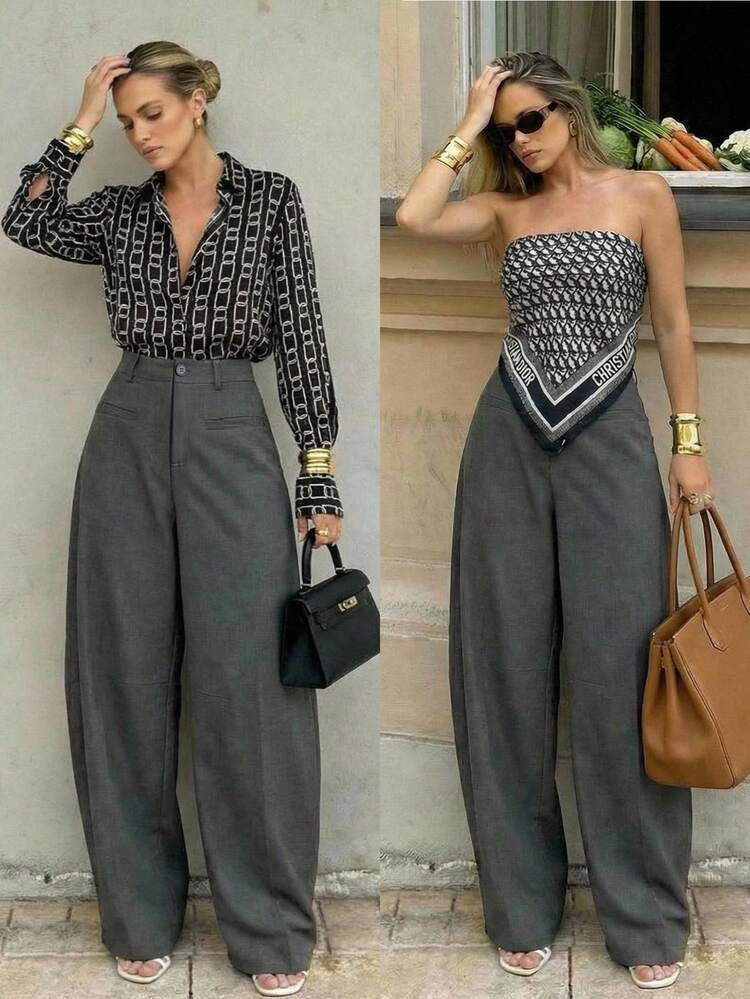 Anewsta Casual Women's Pear-Shaped Figure Flared Leg Dark Grey Pants, Suitable For Spring And Autumn | SHEIN