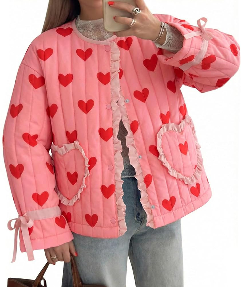 Tankaneo Womens Cropped Puffer Jacket Floral Print Open Front Quilted Jacket Bow Tie Heart Coat L... | Amazon (US)