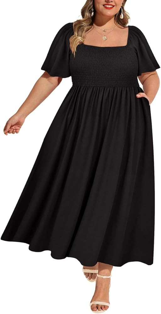 RITERA Plus Size Dresses for Curvy Women Square Neck Short Sleeve Summer Floral Smocked Maxi Dres... | Amazon (US)