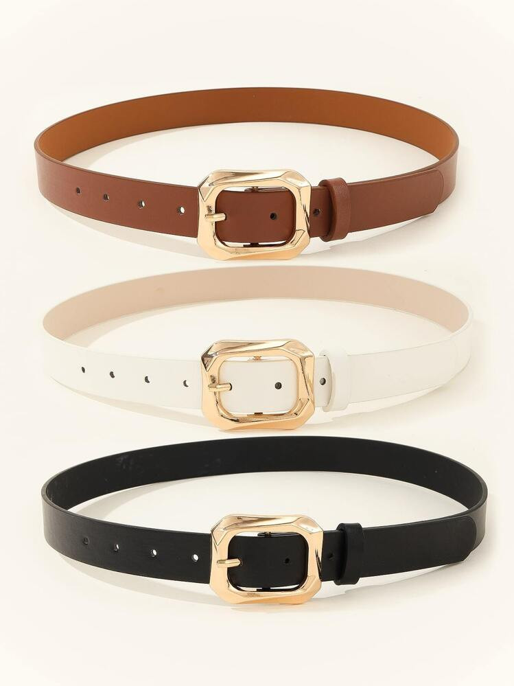 3pcs Gold Square Buckle Daily Life Leather Belt, Fashion & Elegant For Dresses, T-Shirts, Casual ... | SHEIN