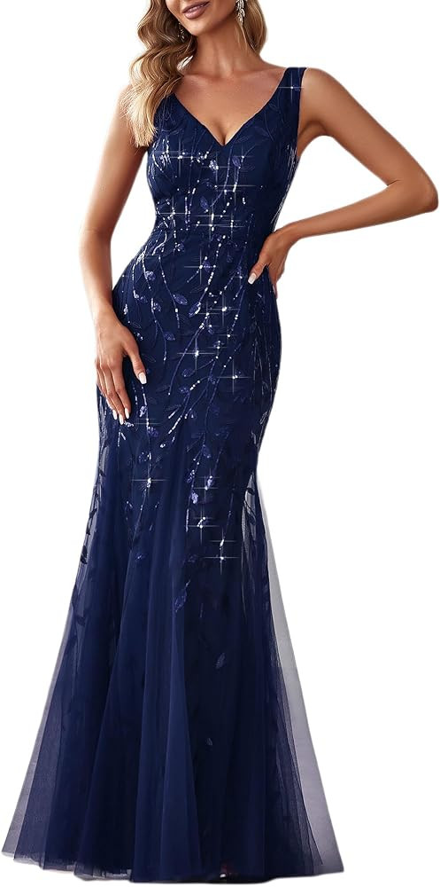 Ever-Pretty Women's Sequin Formal Dress Double V-Neck Sleeveless Mermaid Long Evening Prom Dresse... | Amazon (US)