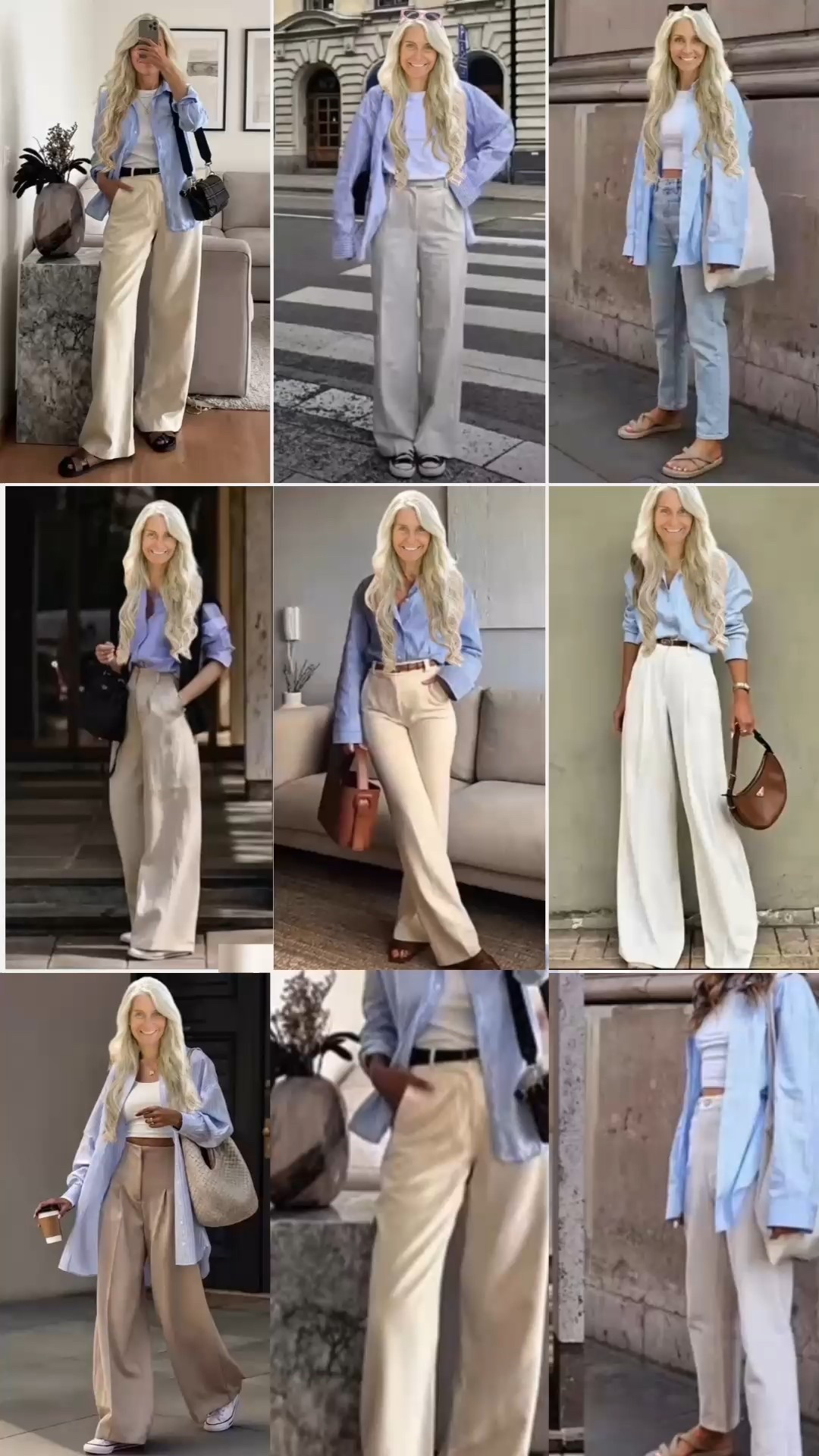 #blue #style A cinematic fashion montage featuring women walking through European city streets and minimalist interiors, wearing effortless old-money inspired outfits. Each look includes a crisp light-blue oversized button-down shirt styled open or half-tucked over a white tank or crop top, paired with high-waisted cream and beige wide-leg trousers. Neutral leather belts, woven totes, structured handbags, sunglasses, and simple gold jewelry complete the looks. The aesthetic is quiet luxury, polished yet relaxed, with soft natural lighting, neutral tones, and elegant movement. Timeless, minimal, confident, and effortlessly chic.

⸻



#OldMoneyAesthetic #QuietLuxuryStyle #EffortlessChic
#EuropeanStyle #CapsuleWardrobe #NeutralOutfits
#ClassicStyle #MinimalFashion #TimelessOutfits
#WideLegPants #ButtonDownStyle #CleanGirlAesthetic
#ParisianStyle #EverydayElegance #NeutralFashion
#SummerCapsule #ChicBasics #ModernClassic
#StreetStyleInspo #StyleInspo

#LTKHoliday #LTKdayinmylife #LTKGiftGuide