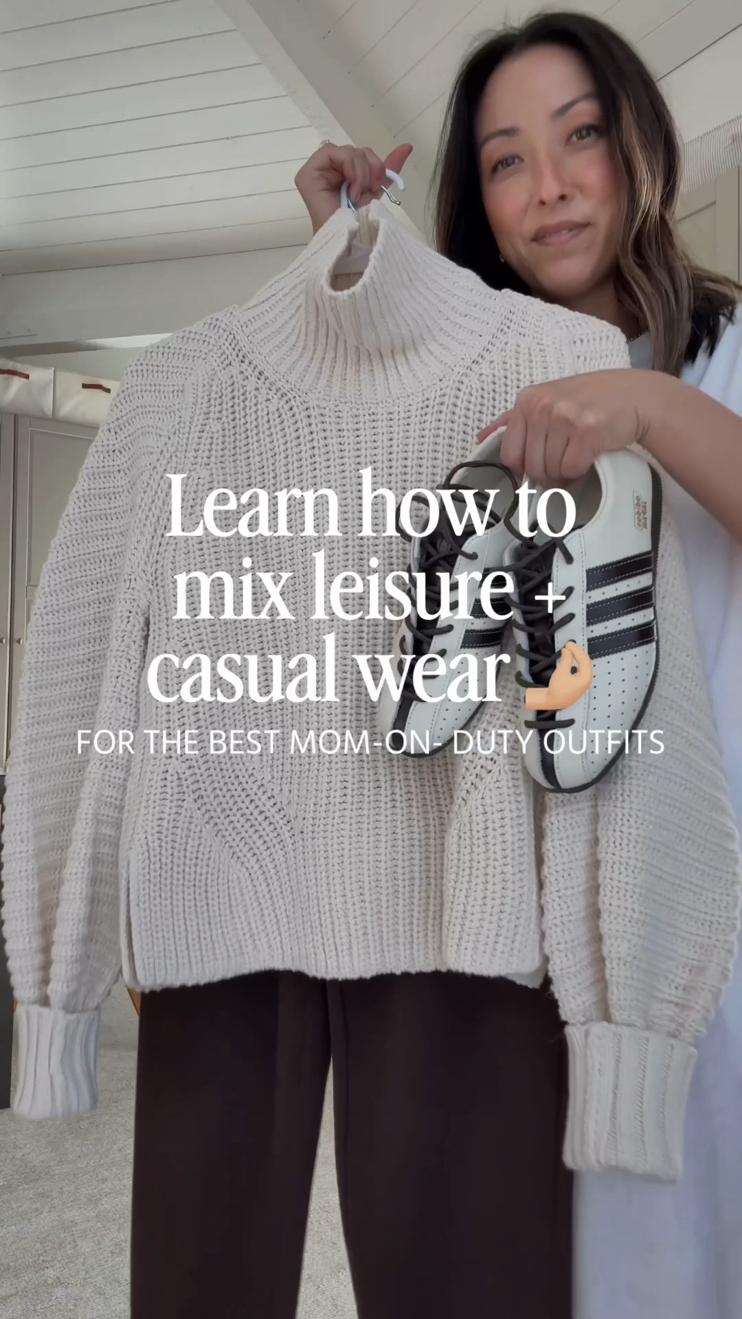 Learning to mix your leisure with casual will change your mom outfits. 

Banana Republic turtleneck xs. Could wear the small
Varley rolled cuff xs 25”
Adidas sneakers 5
Liffner Sprout tote large
Polo Ralph Lauren hat
Dorsey Cecilia earrings 3.4