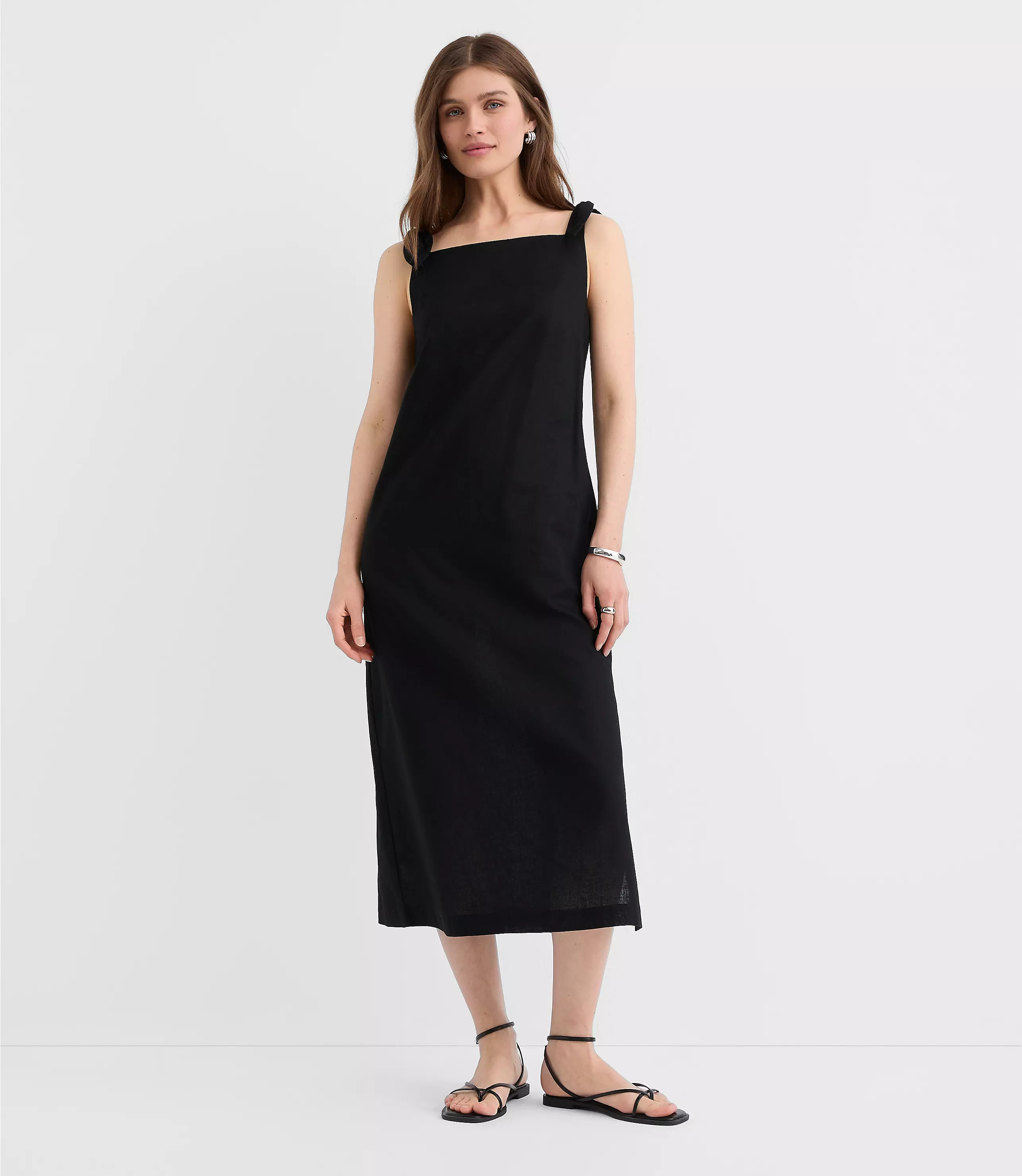 Linen Cotton Tie Boatneck Midi Dress | LOFT