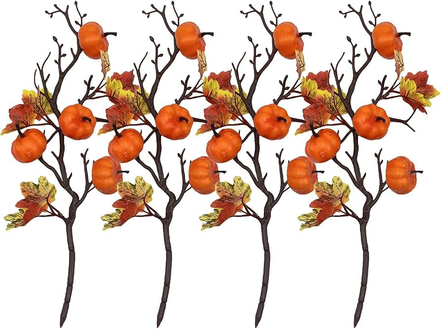 Firlar Artificial Pumpkin Branches, 4 PCS Artificial Maple Leaf Pumpkin Picks, Pumpkin Fall Stems... | Amazon (US)