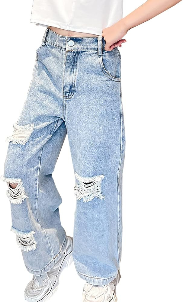Kids Girls' Casual Wide Leg Baggy Ripped Jeans Cool Loose Fit Distressed Denim Pants Size 5-14 Ye... | Amazon (US)