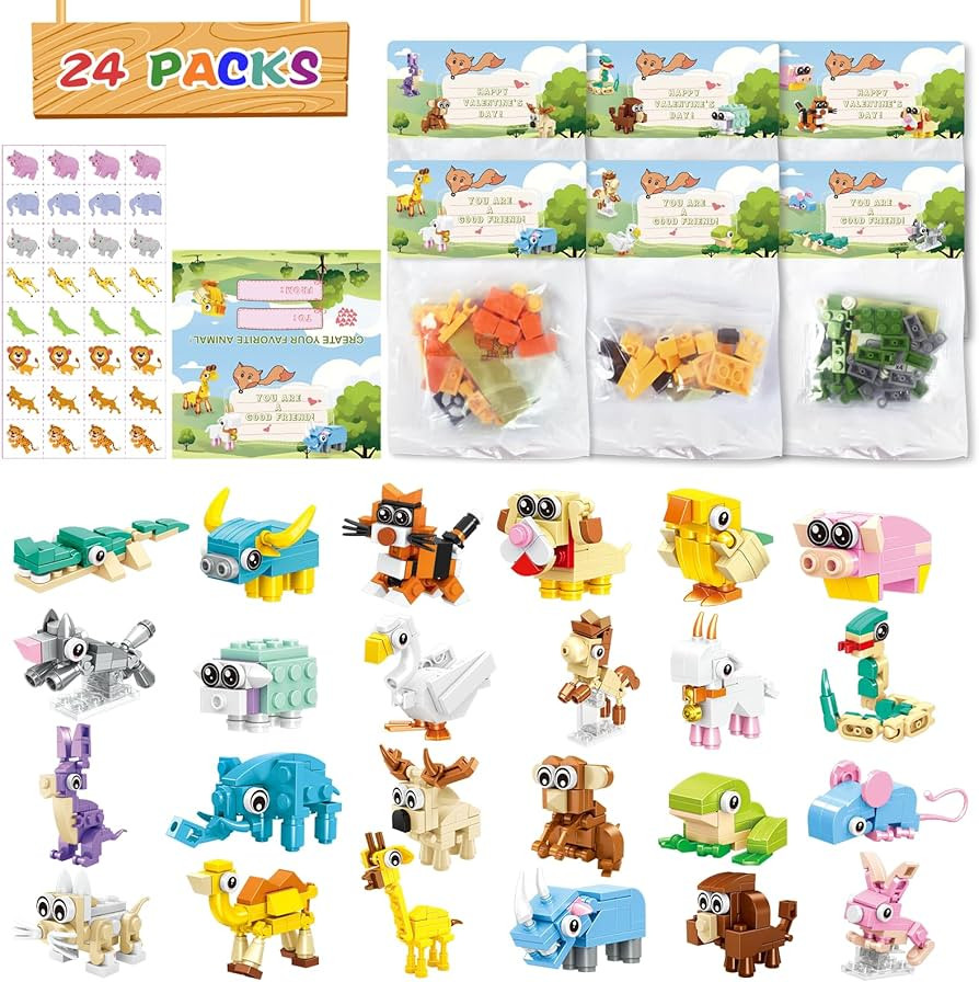 24 Packs Valentines Day Gifts for Kids School, Animal Building Blocks Classroom, Class Gifts Exch... | Amazon (US)