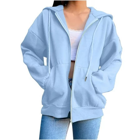 LLYwey Full-Zip Hoodie On Clearance Women Fashion Blouse Long Sleeve Tops Sweatshirt Pockets Hoodies New Plain Hoodies Women Hoodie Style U73 Light Blue M | Walmart (US)