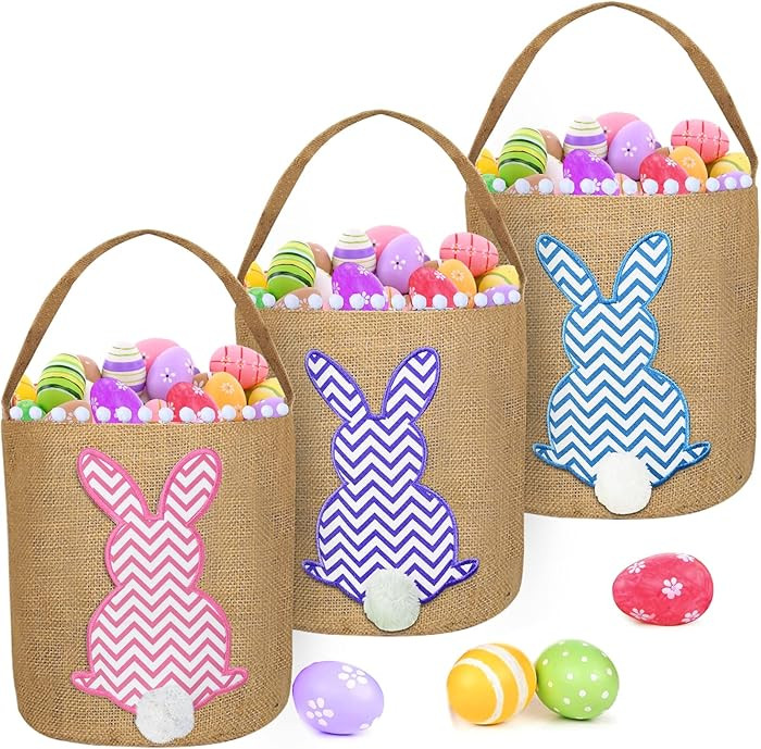 TURNMEON 3 Pack Easter Eggs Baskets for Kids,Canvas Personalized Easter Bunny Baskets Bucket Tote... | Amazon (US)