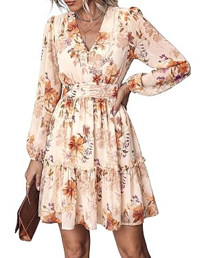 PRETTYGARDEN Women Floral Long Sleeve Mini Dress | Fall Wedding Guest Dresses, V Neck, Fit & Flar... | Amazon (US)