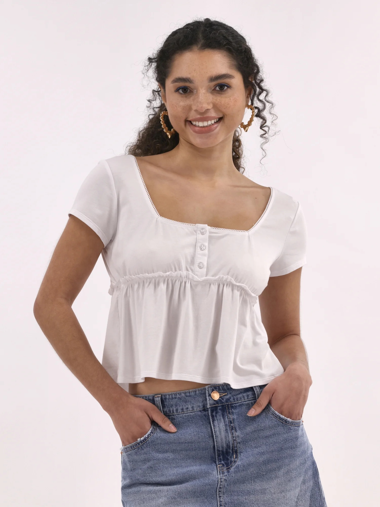 No Boundaries Babydoll Top with Short Sleeves, Women's | Walmart (US)